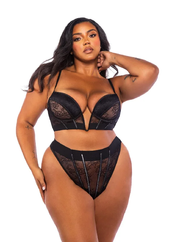 Plus Size Black Chantilly Lace & Satin Bustier & High Waist Thong Panty Lingerie