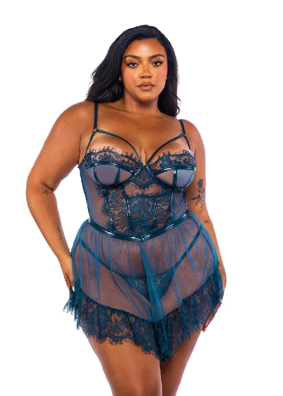 Plus Size Blue Scalloped Eyelash Lace Babydoll & G-string Panty Lingerie