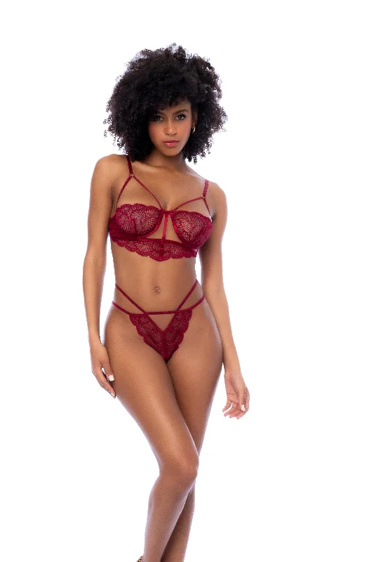 Red Wavy Lace Underwire Bra & Thong Panty Lingerie