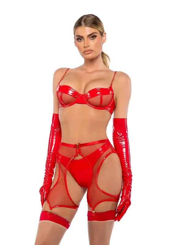 Red Gloss Patent Leather & Mesh Bra, Chaps & Thong Panty Lingerie