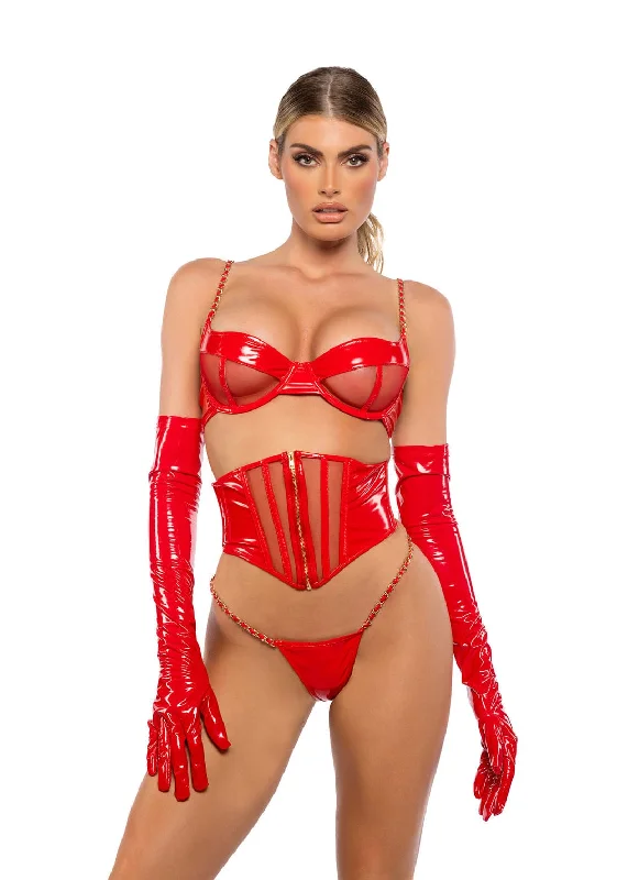 Red Gloss Patent Faux Leather & Mesh Bra, Waspie Corset & Thong Panty Lingerie