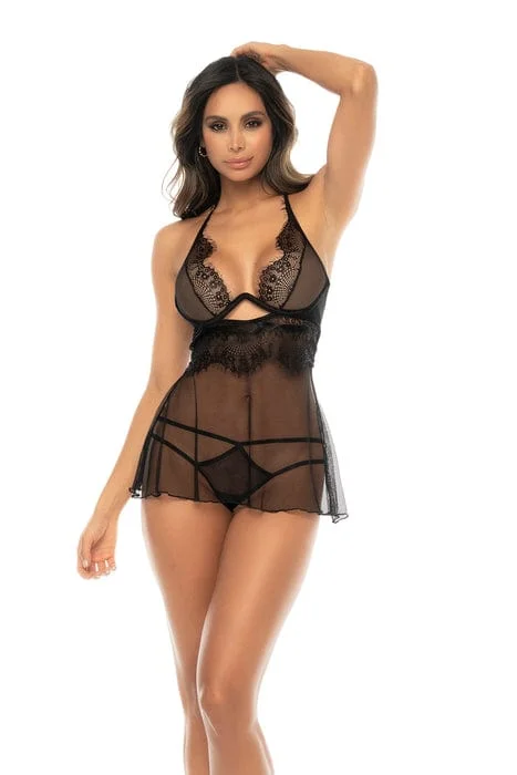 Black 2 in 1 Babydoll Eyelash Lace & Mesh Underwire Bra, Panty & Skirt