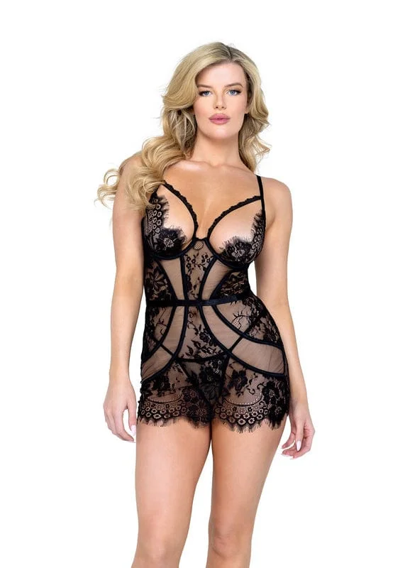 Black Mesh Lace Open Back w/ Thong Chemise Lingerie