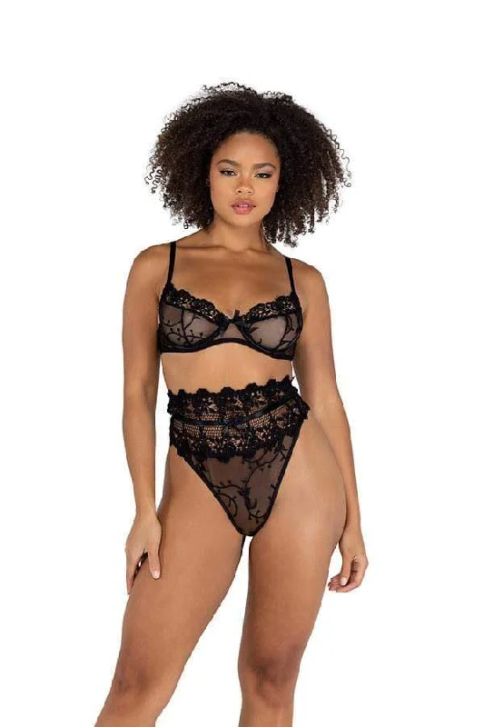 Black Floral Underwire Top & High Waisted Bra Set (Plus Size Available)