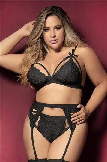 Plus Size Black Lace Bra, Thong, & Garter 3 Pc. Lingerie Set (Many colors available)