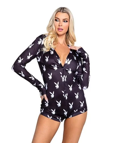 Black Playboy Bunny Print Slumber Romper (Plus Size Available)