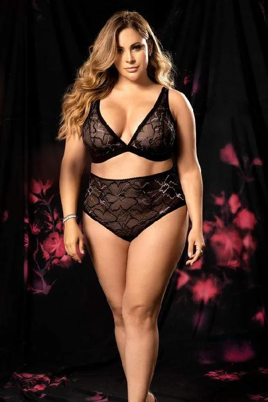 Black Strap w/ Floral Lace Top & High Waisted Cheeky Bottom (Plus Size)