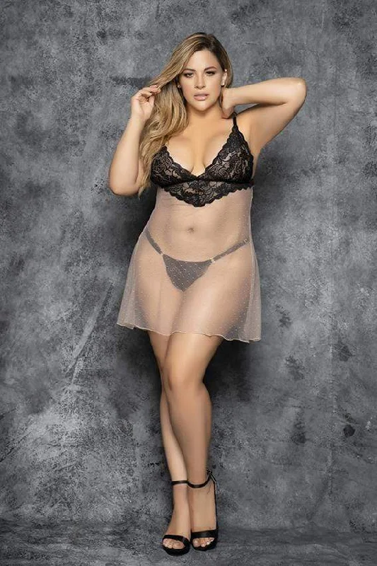 Nude & Black Curvy Babydoll & Matching Thong