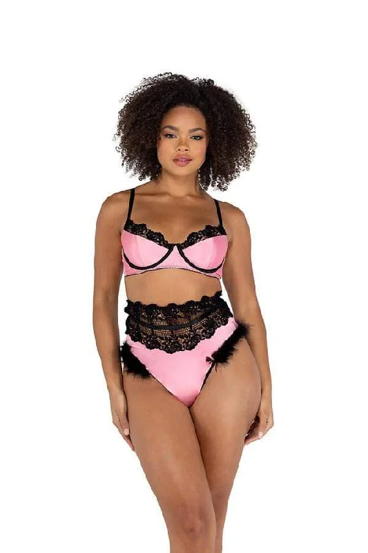 Pink Satin Embroidered Underwire & High Waisted Shorts Bralette Set