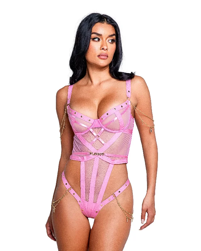 Pink Sheer Mesh Playboy Underwire Top Thong Teddy w/ Logo Chains