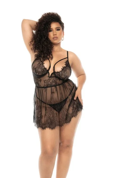 Plus Size Black Babydoll Eyelash Lace Underwire Bra & Thong Panty