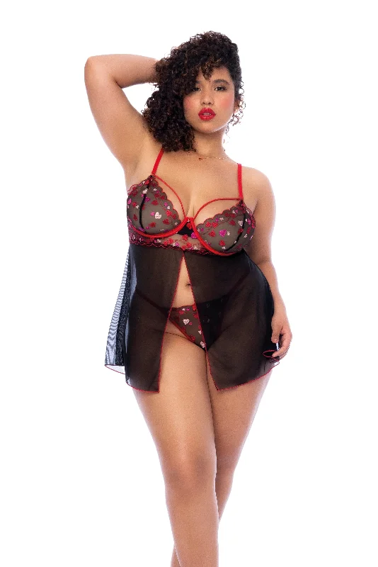 Plus Size Black & Red Embroidered Heart Mesh Silhouette Babydoll & Thong Panty Lingerie