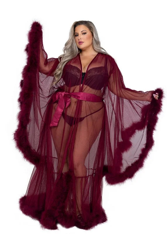 Plus Size Burgundy Merlot Mesh Hollywood Glam Luxury Robe Lingerie (Black also available)