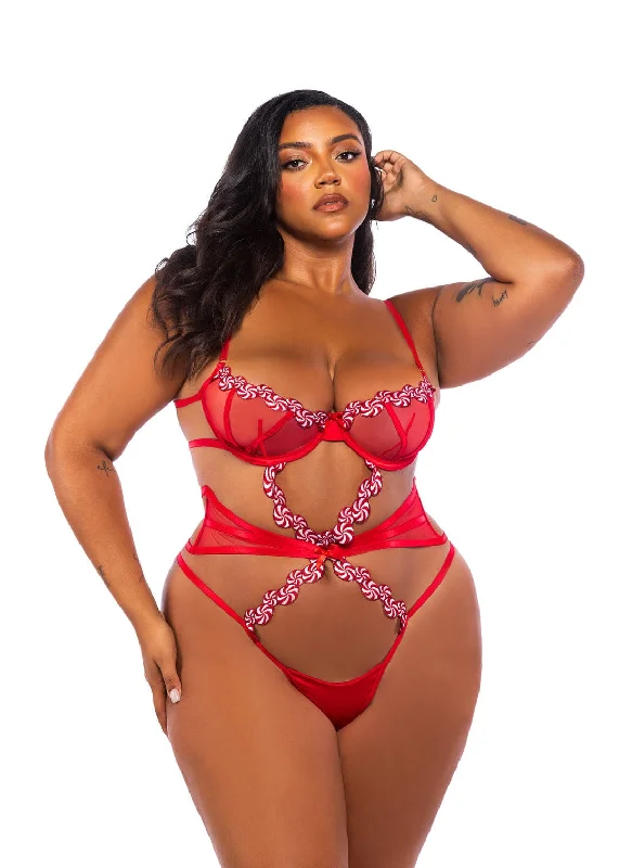 Plus Size Red Candy Trim w/ Mesh Satin Balconette cup & Thong Teddy Lingerie