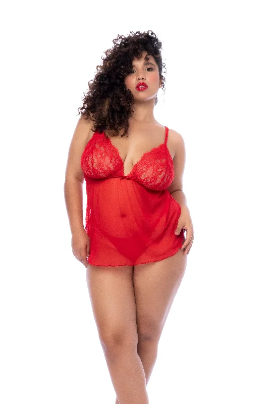 Plus Size Red Eyelash Lace Silhouette Babydoll & G-String Thong Panty Lingerie