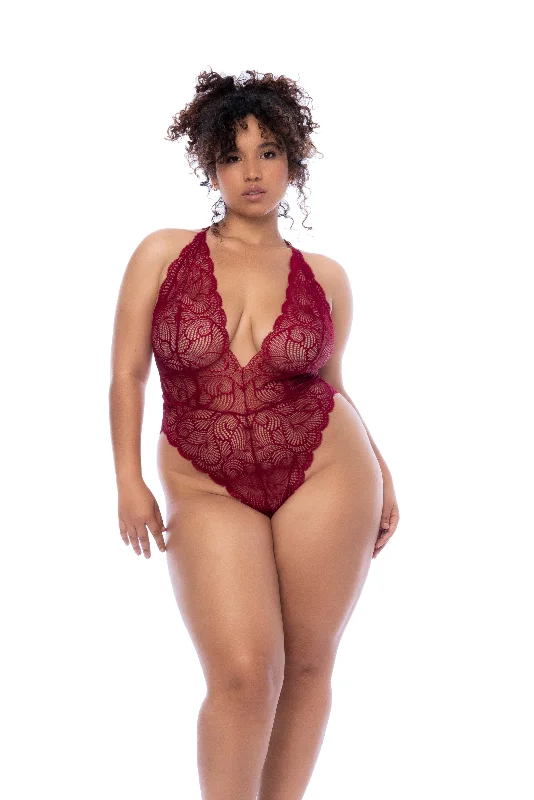 Plus Size Red Sheer Wavy Lace Open Back Bodysuit Teddy Lingerie