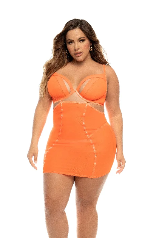 Plus Size Sexy Hot Orange Sheer Mesh Underwire Top w/ Thong Babydoll Lingerie