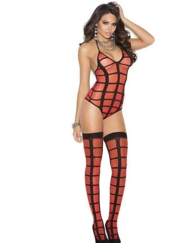 Red Sheer Opaque Black Cage Thong Teddy Bodysuit w/ Thigh High Stockings