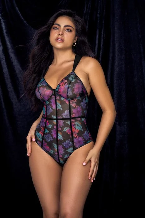 Sexy Mesh Black Dream Flower Print Bodysuit Lingerie