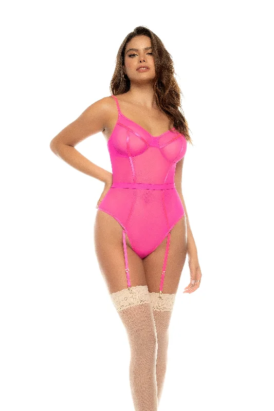 Sexy Hot Pink Mesh w/ Garters Bodysuit Lingerie