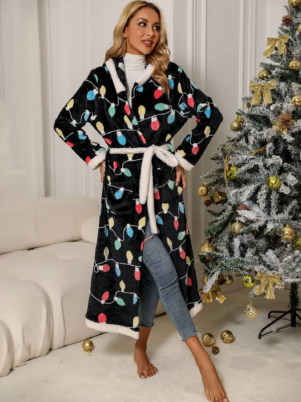 Black & Christmas Lights Print Tie Waist Hooded Long Sleeve Maxi Holiday Robe